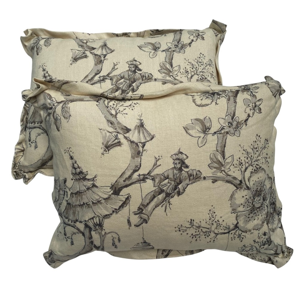 Vintage Throw Pillows Set of 2 19x13.5 Cream Chinoiserie Toile Monkey Pagoda